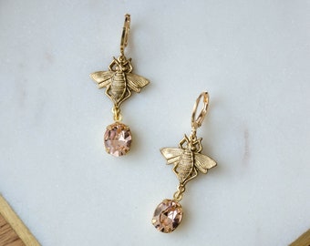 gold bee earrings, insect charm huggie hoops, Swarovski earrings, bohemian nature woodland gift for her, statement earrings