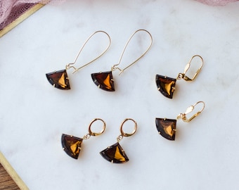 Art Deco brown topaz crystal earrings, French earrings, drop earrings, gift for her