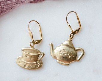 gold teapot earrings, cute cottagecore jewelry, delicate dainty vintage teacup charm earrings, unique gift for her