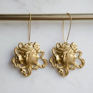 Victorian Art Nouveau earrings, vintage antique brass Mucha earrings, gold female face earrings, cottagecore dark academia handmade jewelry image 3