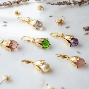 pink tulip earrings, dainty gold pearl flower earrings, cute drop earrings, bohemian nature woodland gift for her, statement earrings