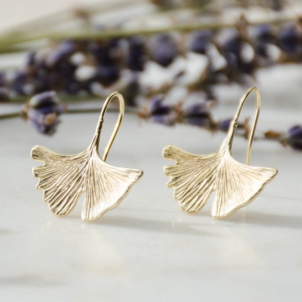 gold gingko leaf earrings, delicate gold leaf statement earrings, dainty dangle drop earrings, boho bohemian jewelr, unique gift for her