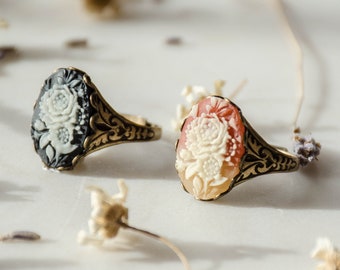 anillo de cameo de flores, anillo antiguo vintage, anillo ajustable de estilo victoriano, joyería gótica academia oscura cottagecore