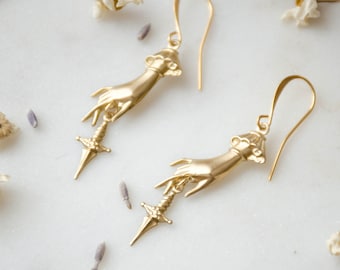 gold sword earrings, gothic hand earrings, witchy jewelry, statement dark academia handmade jewelry