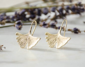 gold gingko leaf earrings, delicate gold leaf statement earrings, dainty dangle drop earrings, boho bohemian jewelr, unique gift for her