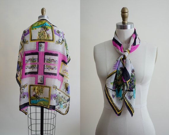 1940s silk scarf | novelty print scarf | 1940s fashion novelty print