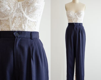 high waisted pants 80s 90s vintage navy blue dark academia pleated trousers