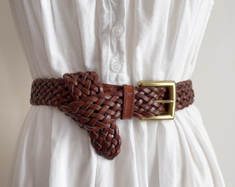 brown braided leather belt 90s vintage woven leather belt