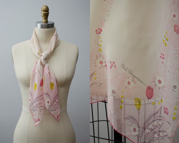 Ceil Chapman silk scarf | 1950s pink floral scarf