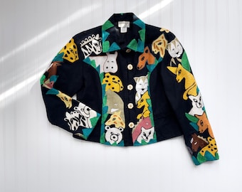 Chaqueta bordada vintage de los años 90 ANAGE, chaqueta de algodón con animales del zoológico y punto de cadeneta