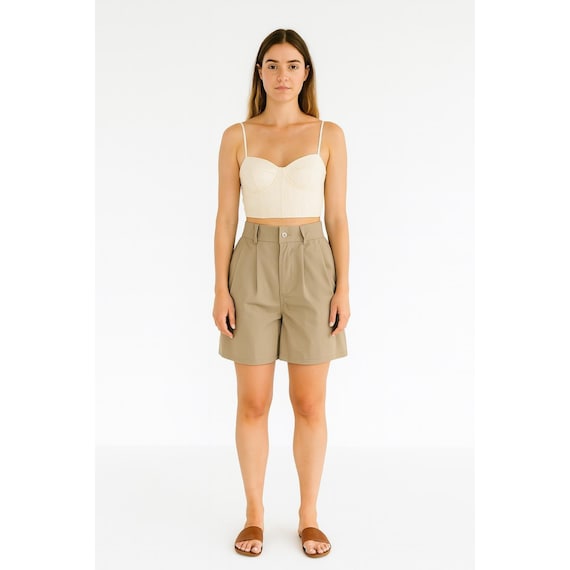 High Waisted Shorts 80s 90s Vintage Beige Pleated Trouser Shorts