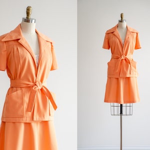 orange skirt suit | 70s vintage bright peach orange short sleeve wrap blouse knee length skirt 2 piece set