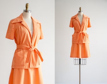 orange skirt suit | 70s vintage bright peach orange short sleeve wrap blouse knee length skirt 2 piece set
