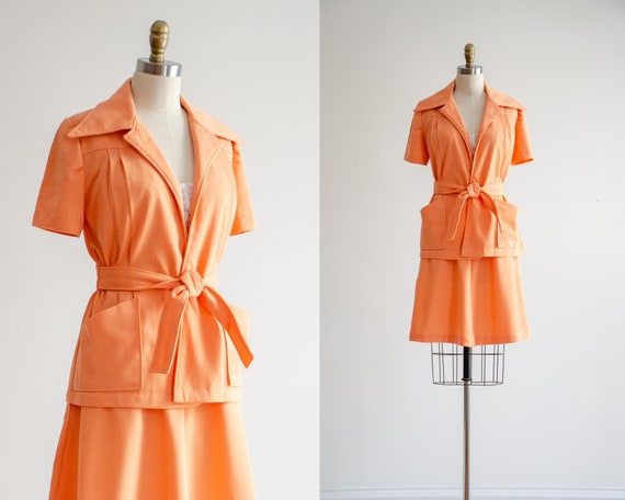 Orange Skirt Suit 70s Vintage Bright Peach Orange Short Sleeve