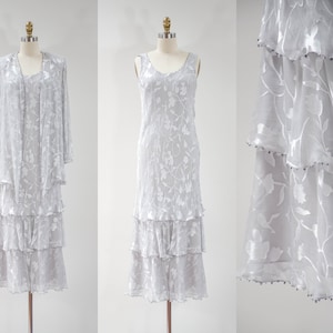 Seidenkleid | 90er 20s style vintage transparent silber grau devoré ausbrenner perlen gestreiftes gerafftes slip dress abendkleid