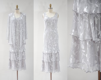 silk bias cut dress | 90s 20s style vintage sheer silver gray devoré burnout beaded tiered ruffled slip dress evening gown