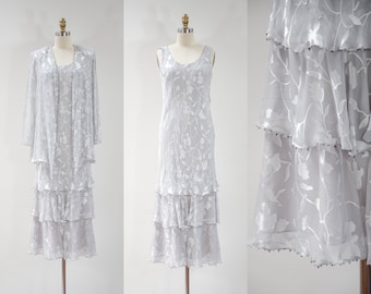 20s style vtg sheer silver gray devoré burnout beaded tiered ruffled slip dress