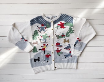 vintage Orvis white winter sports skiing ice skating Christmas cardigan sweater