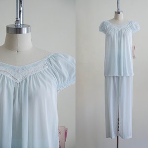 vintage pastel blue pajamas | see through nylon pajamas | 80s lingerie