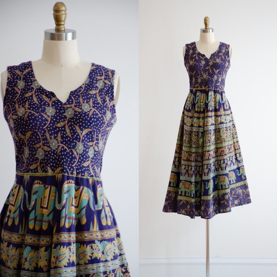 Indian cotton maxi dress 70s vintage elephant peacock - Gem
