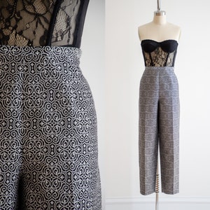 hoch taillierte Hose | 90s y2k Vintage Schwarz Silber Seide Brokat Hose mit geradem Bein