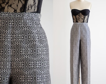 high waisted pants | 90s y2k vintage black silver silk brocade straight leg trousers