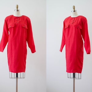 Rode zijden jurk met lange mouwen 80s 90s vtg dieprode losse jurk tot op de knie