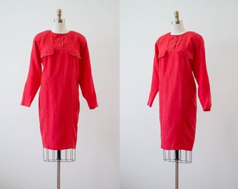 long sleeve red silk dress | 80s 90s vintage scarlet red loose shift knee length dress