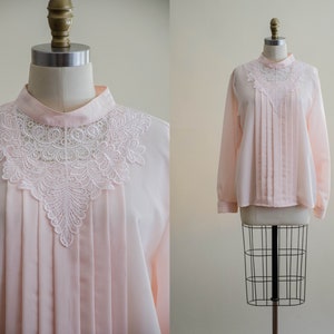 80s lace collar blouse silky pink Edwardian style high collar vintage blouse image 1