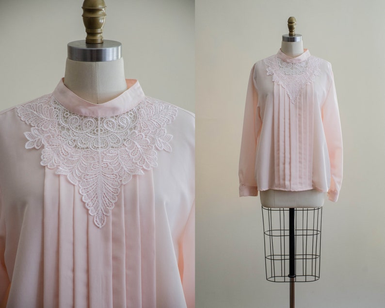 80s lace collar blouse silky pink Edwardian style high collar vintage blouse image 1