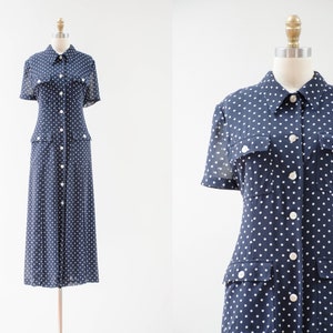 90s vtg navy blue polka dot loose oversized chiffon maxi dress