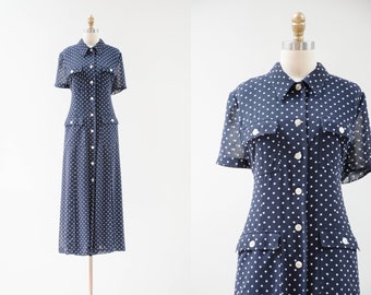 navy blue polka dot dress | 80s 90s vintage cute cottagecore loose oversized chiffon dress