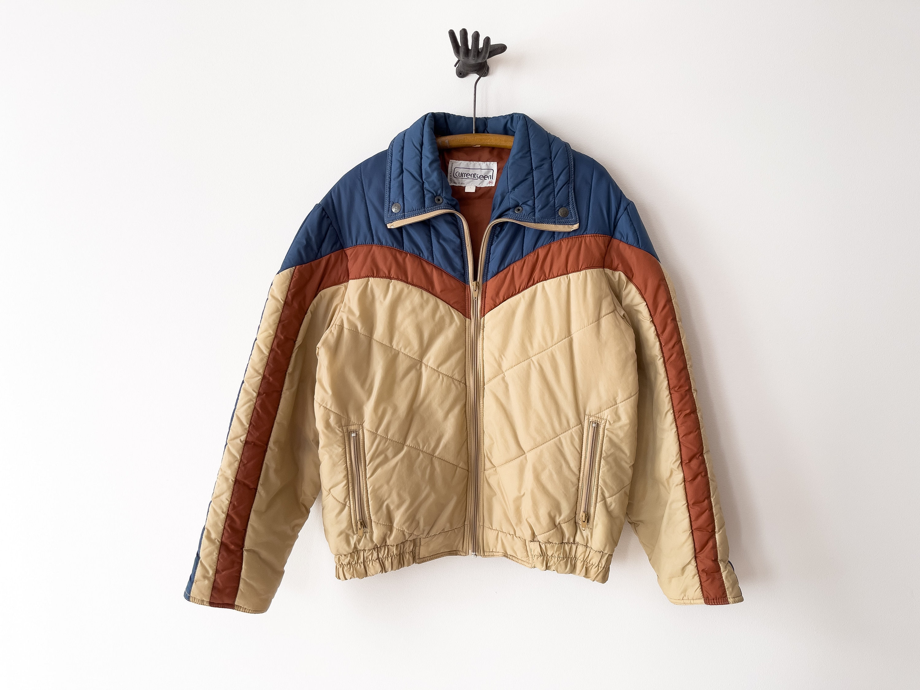 Quilted Jacket 70s 80s Vintage Beige Brown Blue Unisex Men s