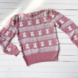 cute cottagecore sweater 80s 90s vintage Susan Bristol pink bunny rabbit easter sweater image 1