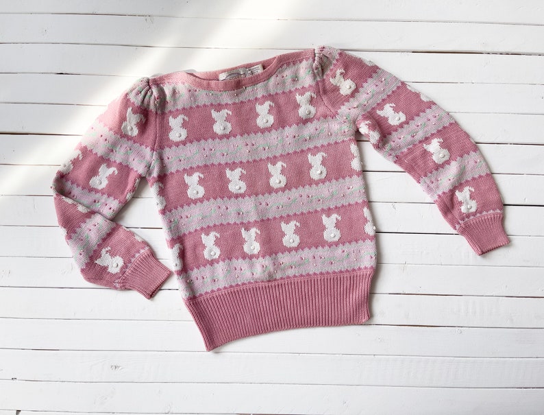 cute cottagecore sweater 80s 90s vintage Susan Bristol pink bunny rabbit easter sweater image 1