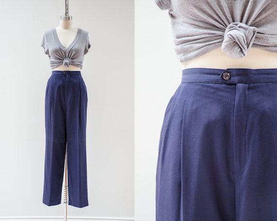 90s Navy Blue High Waist Pleated Trousers Dark Academia Slacks