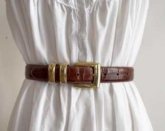 brown alligator belt 90s vintage calfskin leather statement belt