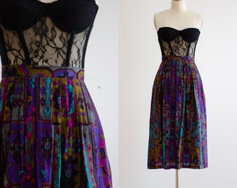 purple midi skirt 80s vintage jewel tone patterned skirt