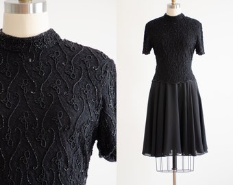 black lace dress 90s vintage beaded mockneck chiffon mini dress