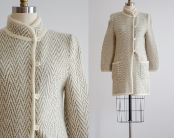 knit wool jacket 70s 80s vintage herringbone cream wool coat