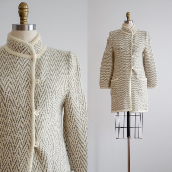 knit wool jacket 70s 80s vintage herringbone crea… - image 1