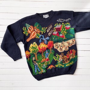 embroidered sweater | 80s 90s vintage P'Galli country farm barn squirrel navy hand knit novelty streetwear cottagecore sweater