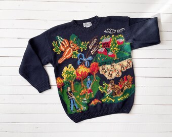 embroidered sweater | 80s 90s vintage P'Galli country farm barn squirrel navy hand knit novelty streetwear cottagecore sweater