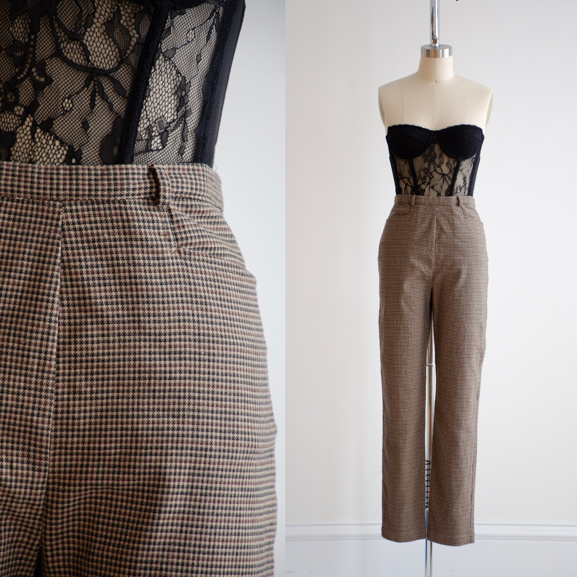 Dark grey houndstooth tweed high waisted pleated Dress Pants