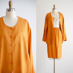 mustard yellow suit | 80s vintage yellow navy oversized blazer fit and flare midi skirt two piece set