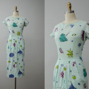 50s dress mint green cotton vtg dress amoeba novelty print pin-up dress
