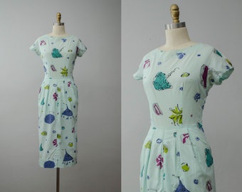 50s dress | mint green cotton vintage dress | novelty print pin-up dress | women's vintage clothing