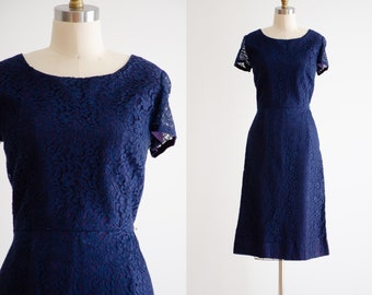 navy lace dress 50s 60s vtg blue floral lace knee length pencil wiggle dress
