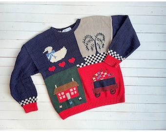 Deans of Scotland vtg red blue duck bird house farm animal cotton sweater