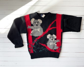 black wool sweater 80s 90s vintage Woolrich koala bear intarsia novelty sweater